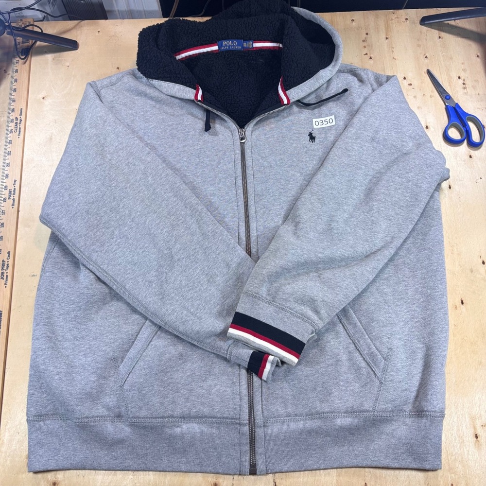 Polo Ralph Lauren Mens XXL Sherpa Lined Full Zip Hoodie Gray Striped Cuffs
